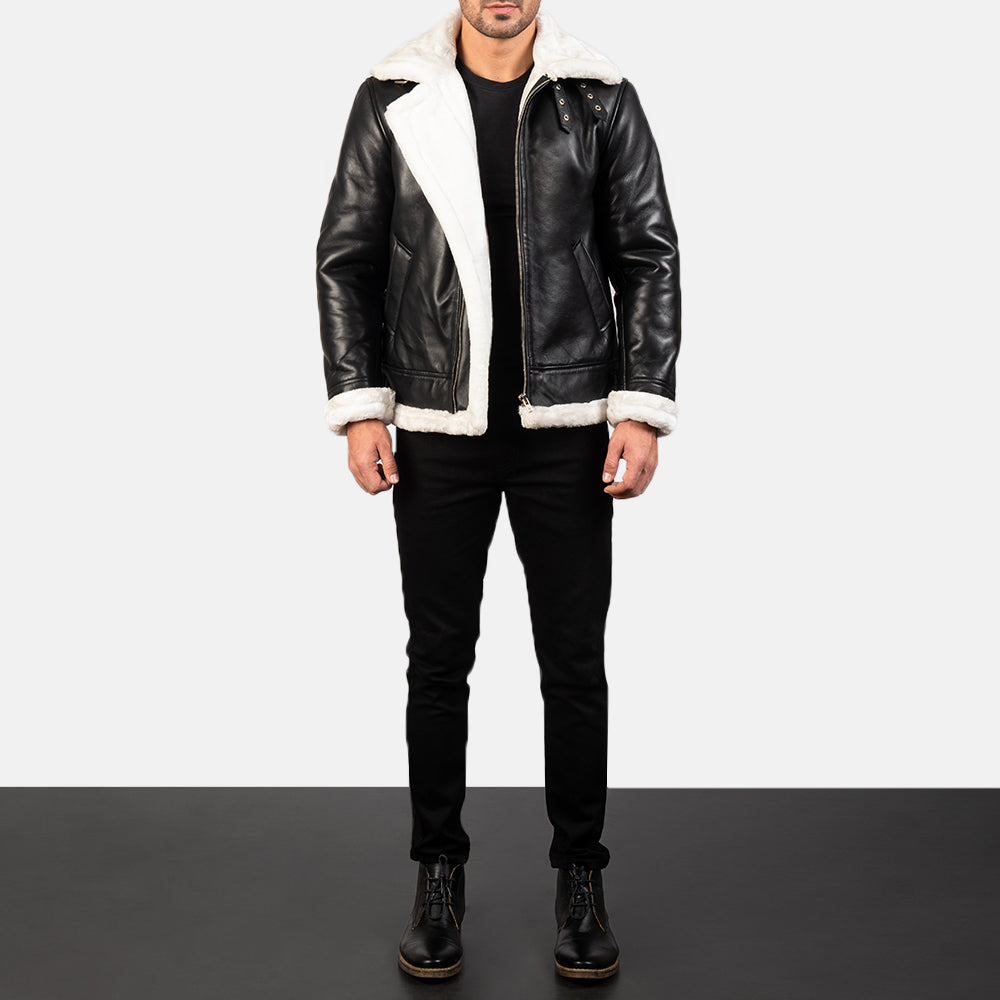 Francis B-3 Black & White Leather Bomber Jacket - men's jacket in black & white sheepskin leather, view 3