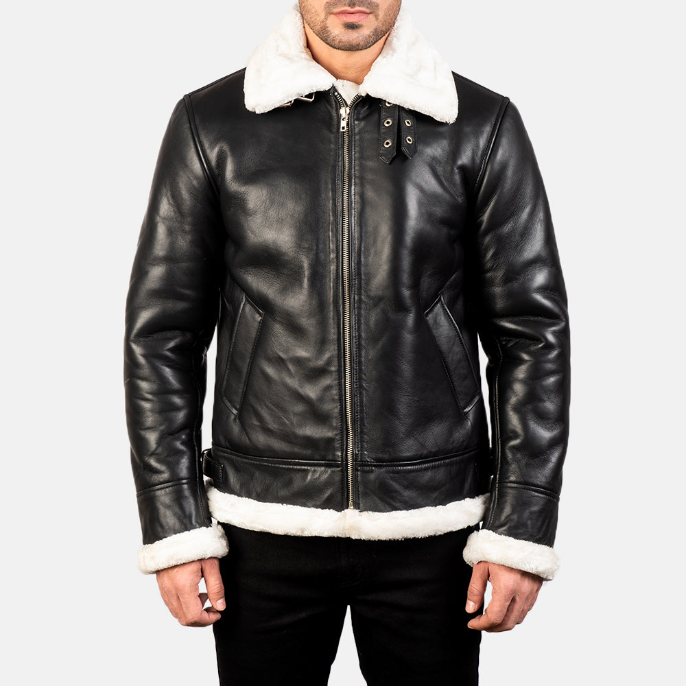 Francis B-3 Black & White Leather Bomber Jacket - men's jacket in black & white sheepskin leather, view 4