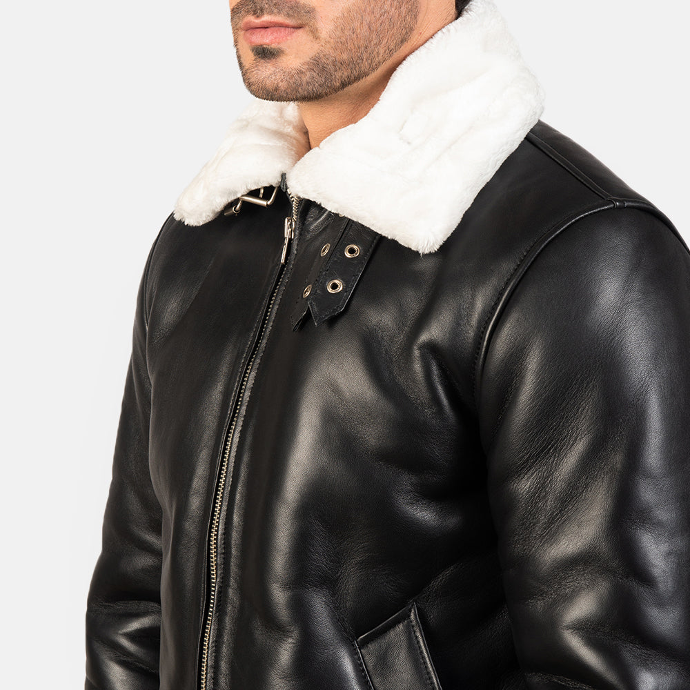 Francis B-3 Black & White Leather Bomber Jacket - men's jacket in black & white sheepskin leather, view 6