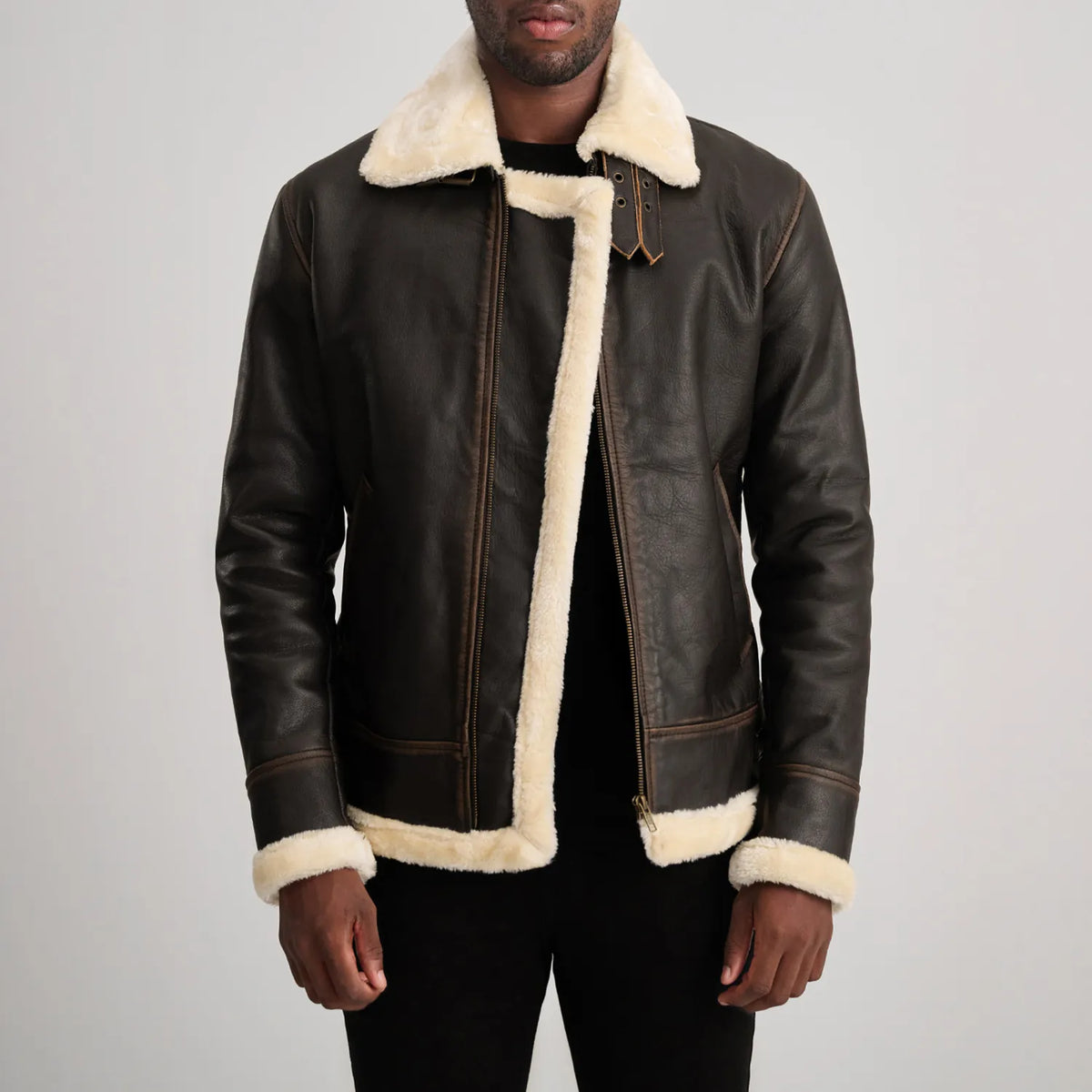 Francis B-3 Brown & Cream Leather Bomber Jacket - men's jacket in brown & cream sheepskin leather, view 1