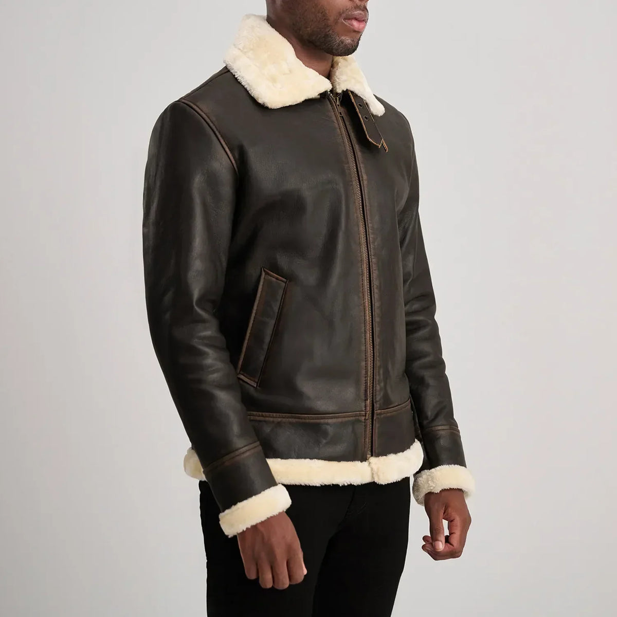 Francis B-3 Brown & Cream Leather Bomber Jacket - men's jacket in brown & cream sheepskin leather, view 2