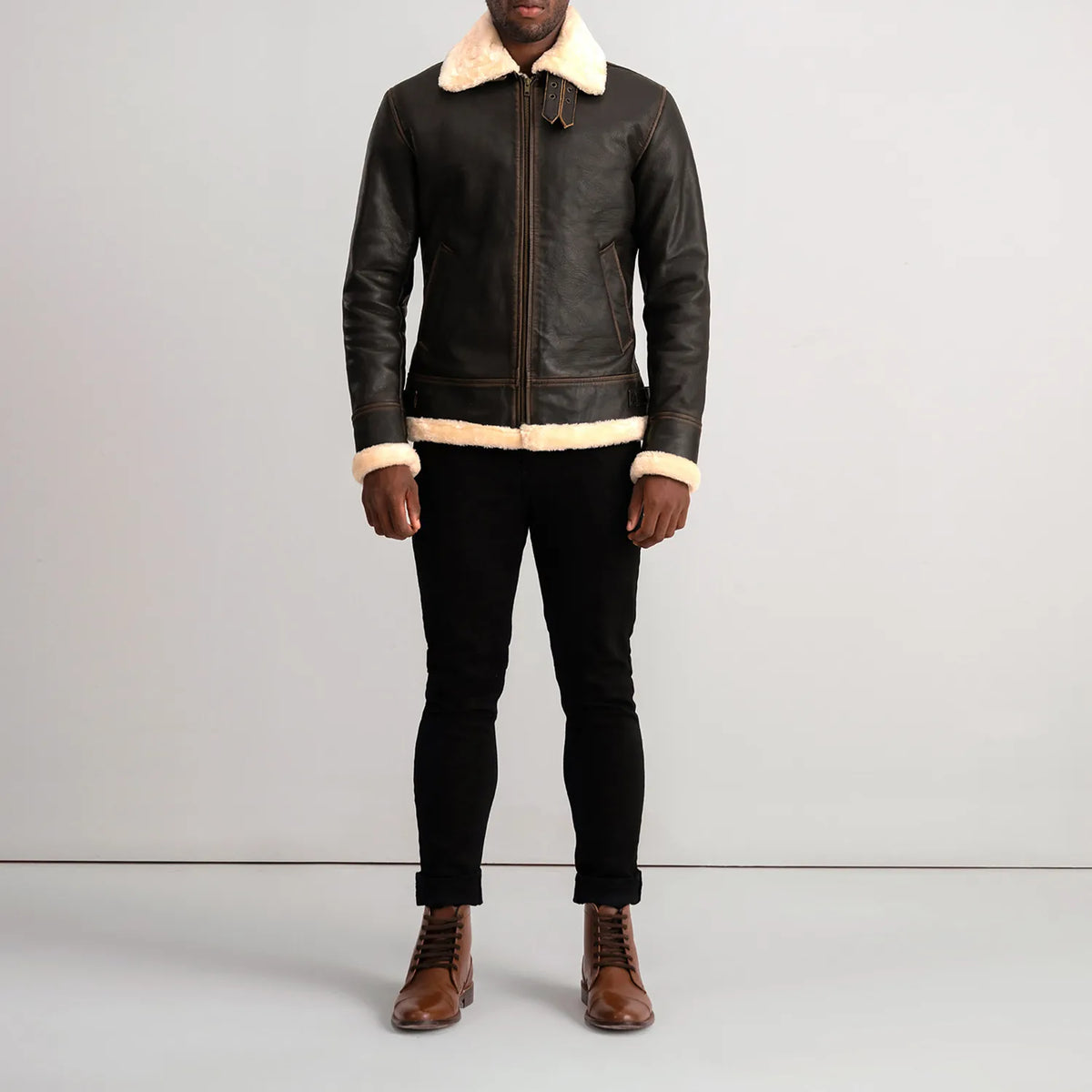 Francis B-3 Brown & Cream Leather Bomber Jacket - men's jacket in brown & cream sheepskin leather, view 3
