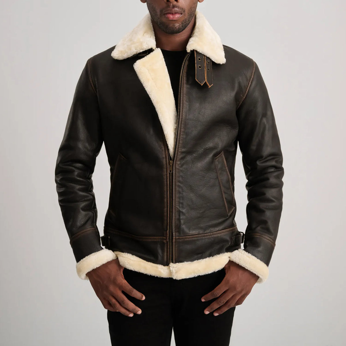 Francis B-3 Brown & Cream Leather Bomber Jacket - men's jacket in brown & cream sheepskin leather, view 4