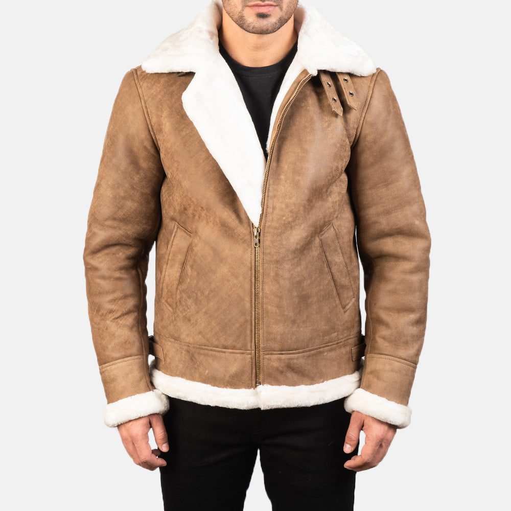 Francis B-3 Distressed Brown Leather Bomber Jacket - men's jacket in brown sheepskin leather, view 1