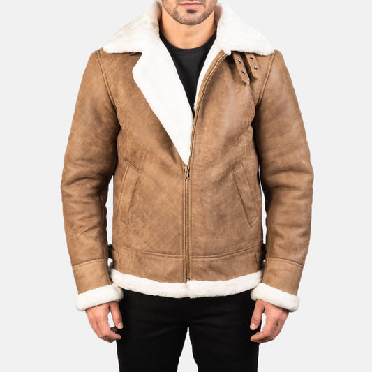 Francis B-3 Distressed Brown Leather Bomber Jacket - men's jacket in brown sheepskin leather, view 1