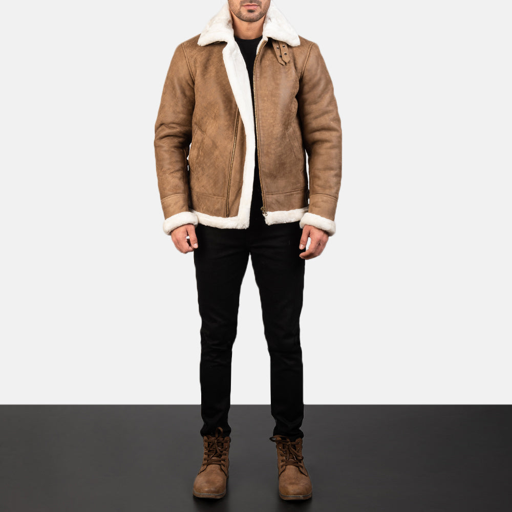 Francis B-3 Distressed Brown Leather Bomber Jacket - men's jacket in brown sheepskin leather, view 3
