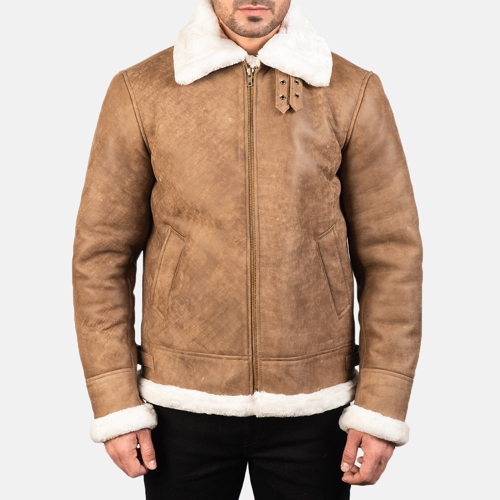 Francis B-3 Distressed Brown Leather Bomber Jacket - men's jacket in brown sheepskin leather, view 4