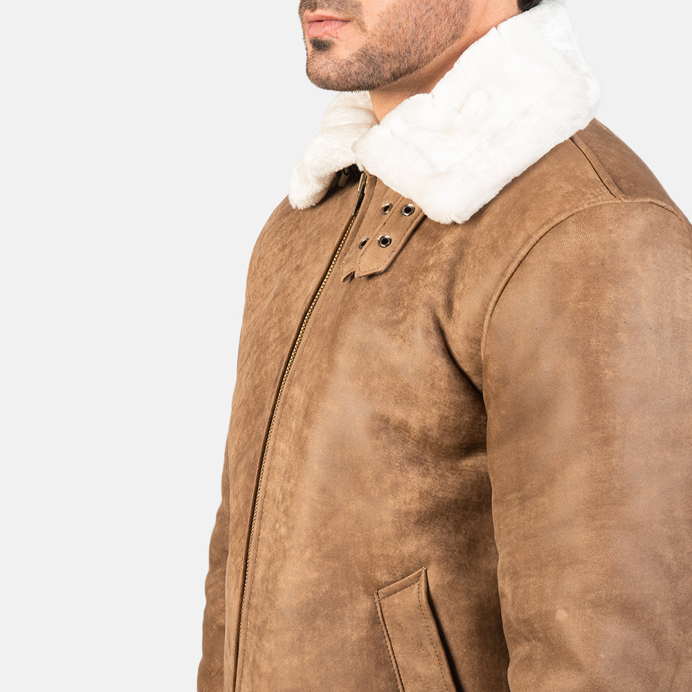 Francis B-3 Distressed Brown Leather Bomber Jacket - men's jacket in brown sheepskin leather, view 6
