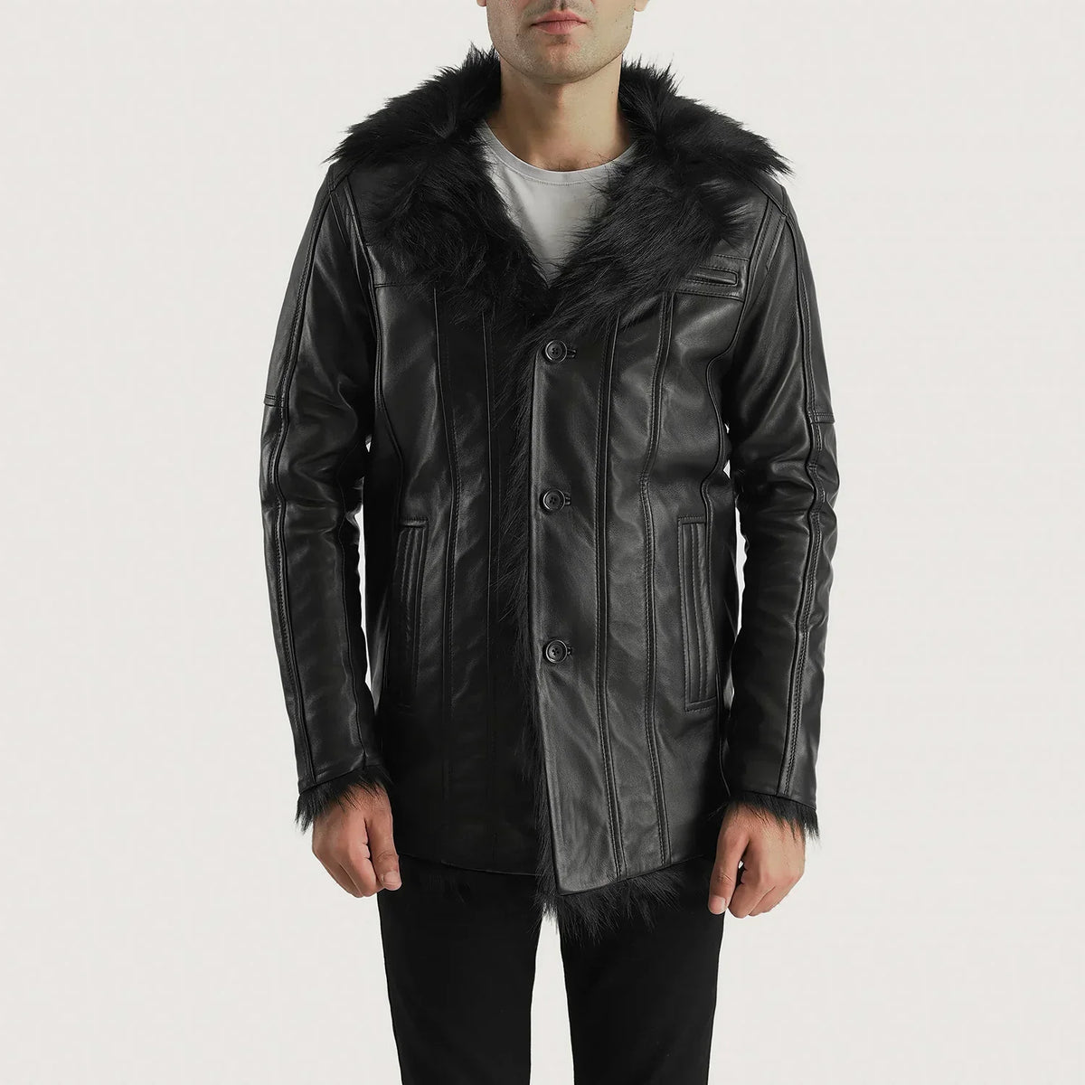 Furcliff Black Leather Coat - men's coat in black sheepskin leather, view 1