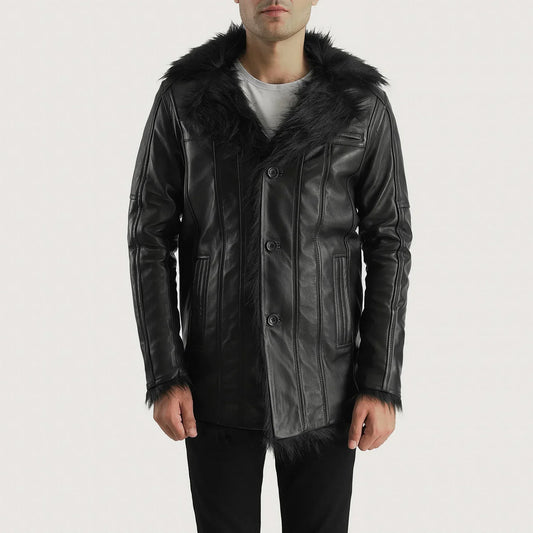 Furcliff Black Leather Coat - men's coat in black sheepskin leather, view 1