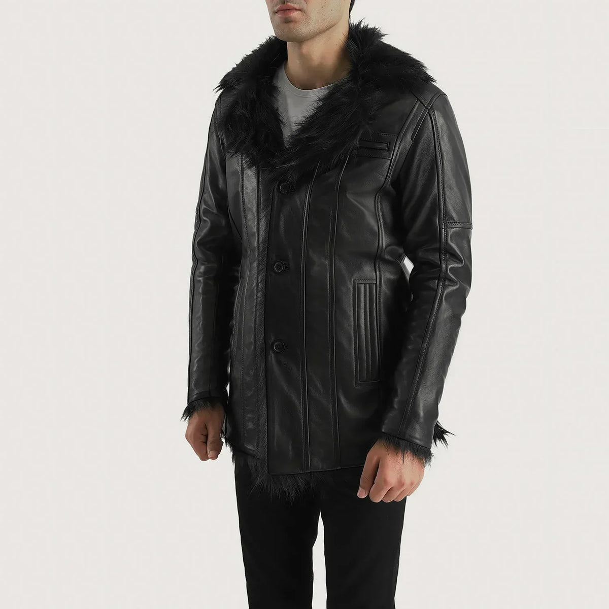 Furcliff Black Leather Coat - men's coat in black sheepskin leather, view 2