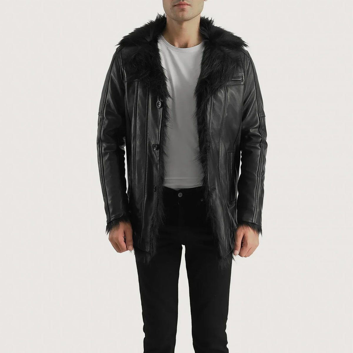 Furcliff Black Leather Coat - men's coat in black sheepskin leather, view 3