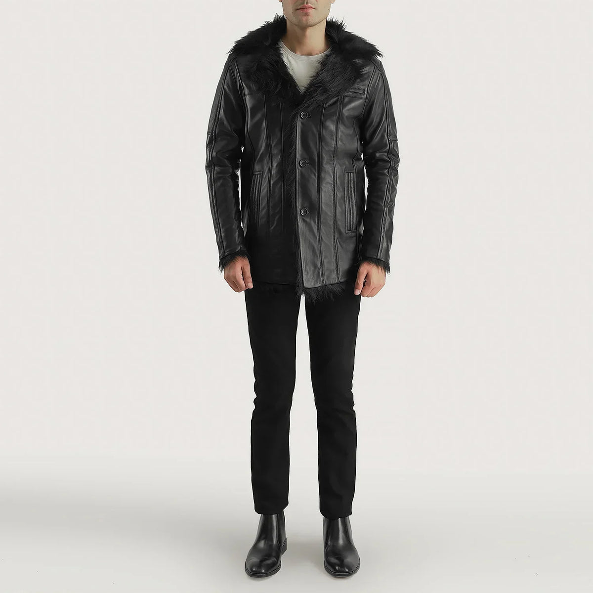 Furcliff Black Leather Coat - men's coat in black sheepskin leather, view 4