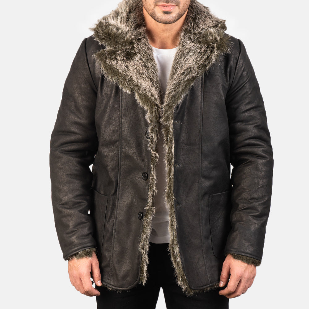 Furlong Black Leather Coat - men's coat in black sheepskin leather, view 1