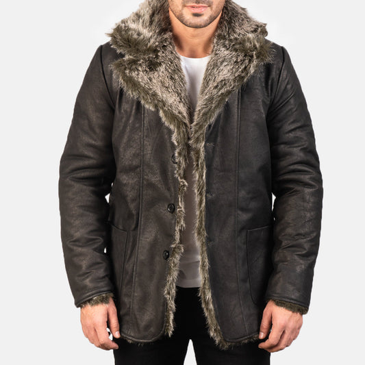 Furlong Black Leather Coat - men's coat in black sheepskin leather, view 1