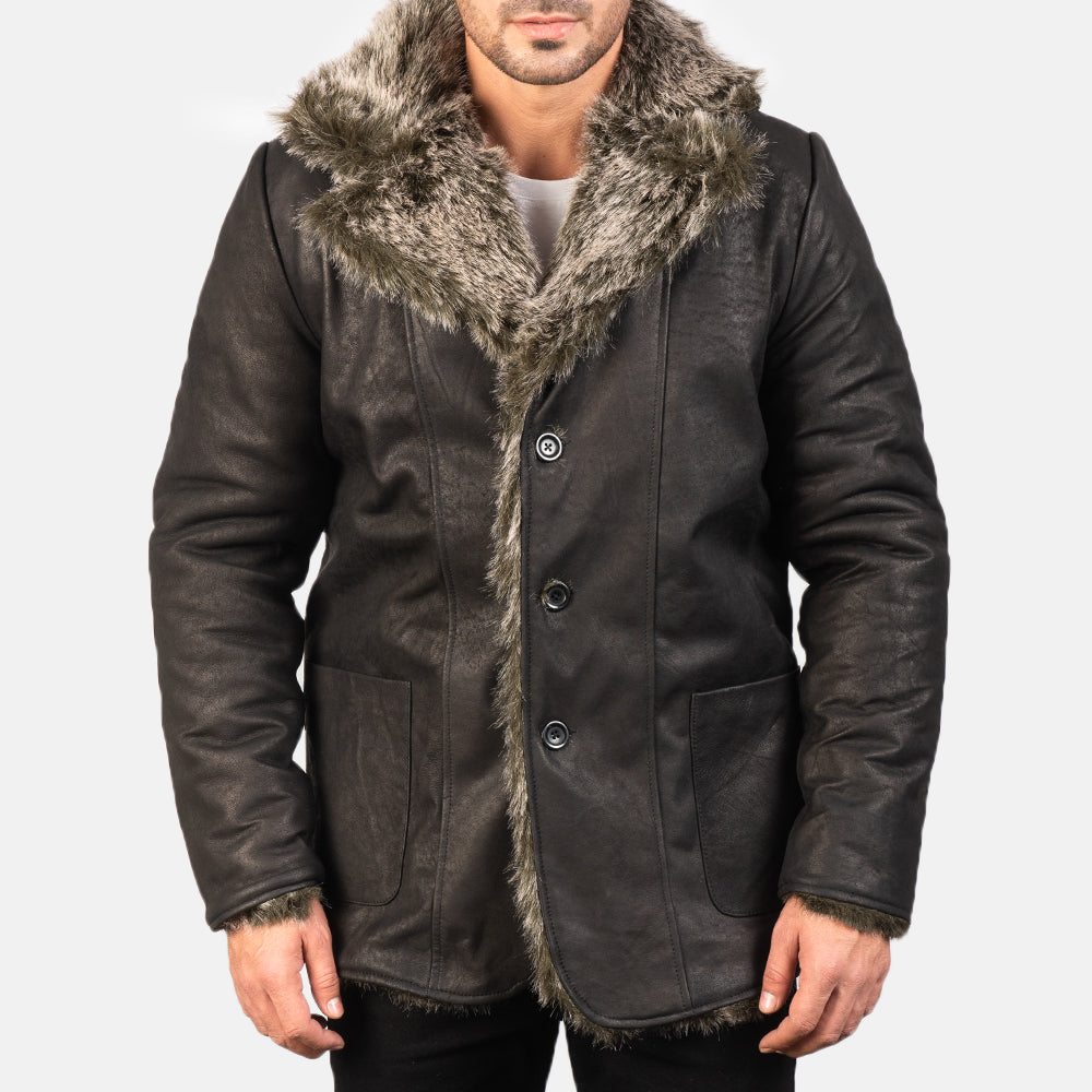 Furlong Black Leather Coat - men's coat in black sheepskin leather, view 4