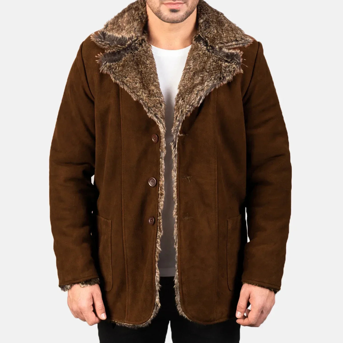 Furlong Brown Suede Leather Coat - men's coat in brown suede leather, view 1