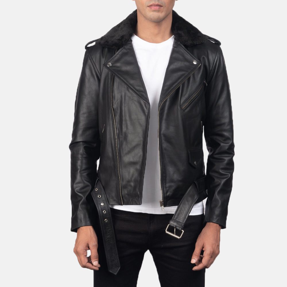 Furton Black Leather Biker Jacket - men's jacket in black cowhide leather, view 1