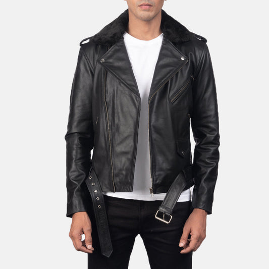 Furton Black Leather Biker Jacket - men's jacket in black cowhide leather, view 1
