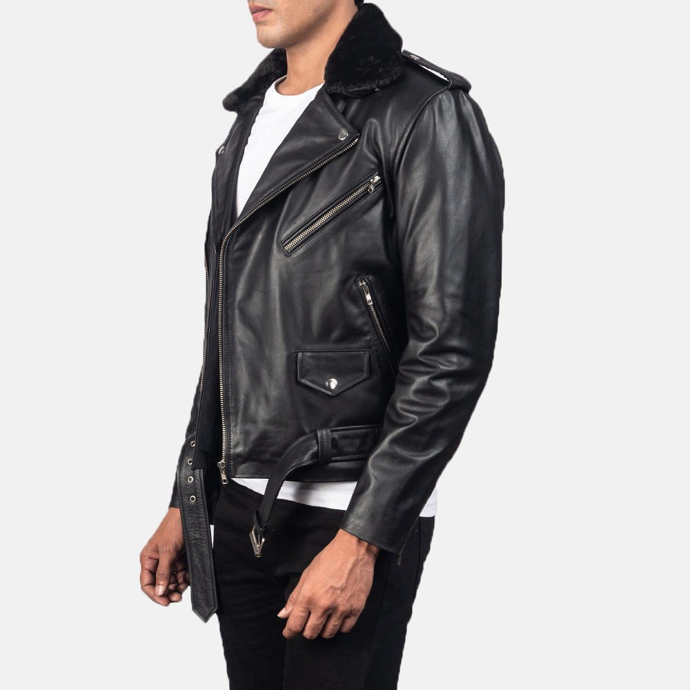 Furton Black Leather Biker Jacket - men's jacket in black cowhide leather, view 2