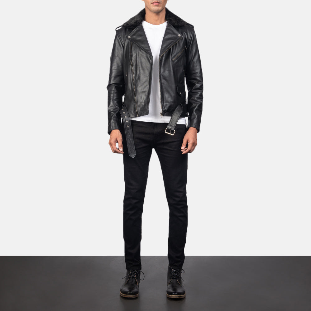 Furton Black Leather Biker Jacket - men's jacket in black cowhide leather, view 3