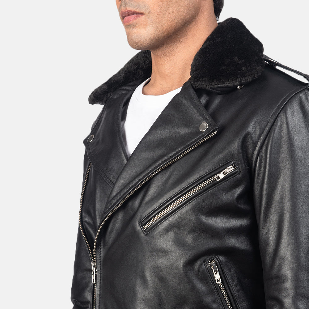 Furton Black Leather Biker Jacket - men's jacket in black cowhide leather, view 5