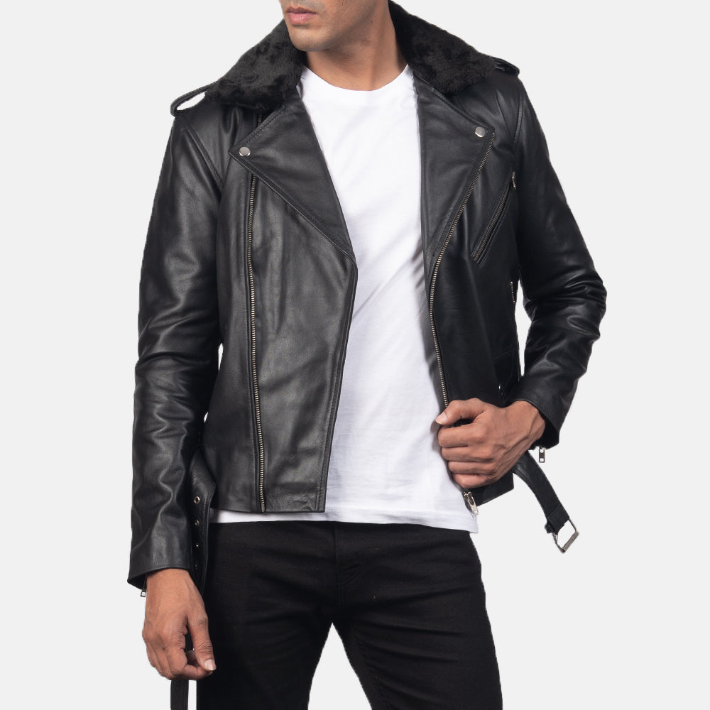 Furton Black Leather Biker Jacket - men's jacket in black cowhide leather, view 6