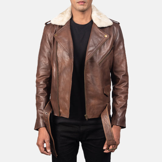 Furton Brown Leather Biker Jacket - men's jacket in brown cowhide leather, view 1