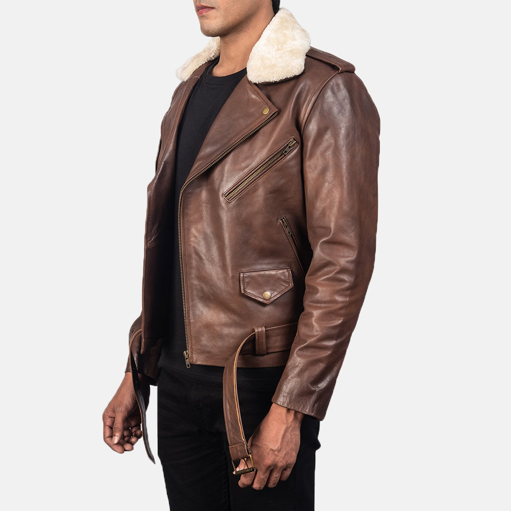 Furton Brown Leather Biker Jacket - men's jacket in brown cowhide leather, view 2