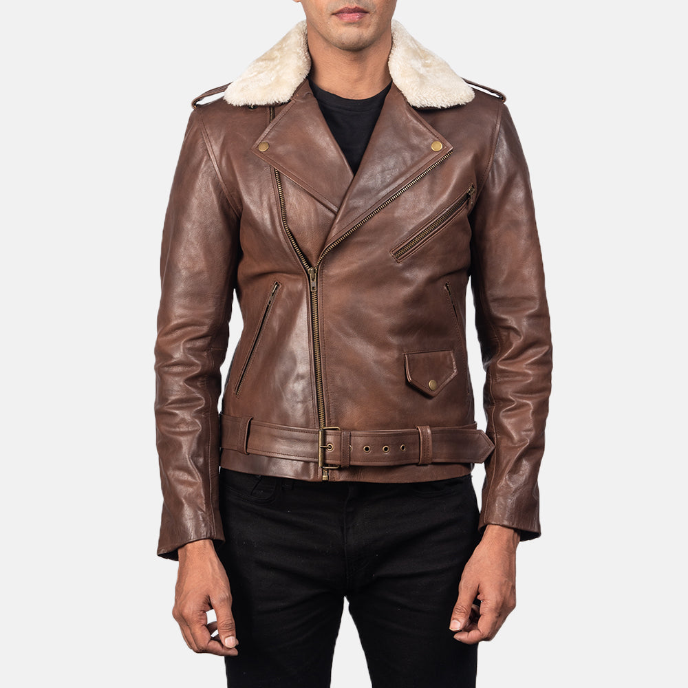 Furton Brown Leather Biker Jacket - men's jacket in brown cowhide leather, view 3