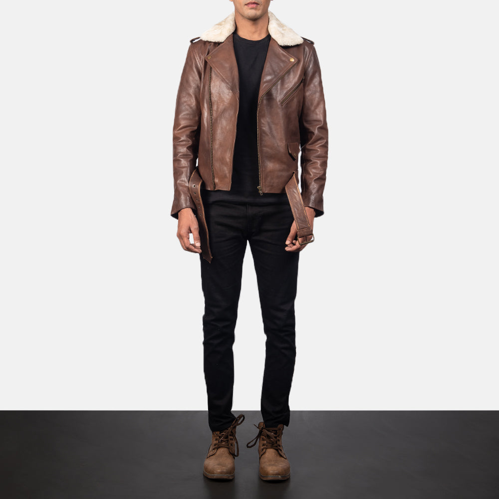 Furton Brown Leather Biker Jacket - men's jacket in brown cowhide leather, view 4