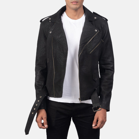 Furton Disressed Black Leather Biker Jacket - men's jacket in black sheepskin leather, view 1