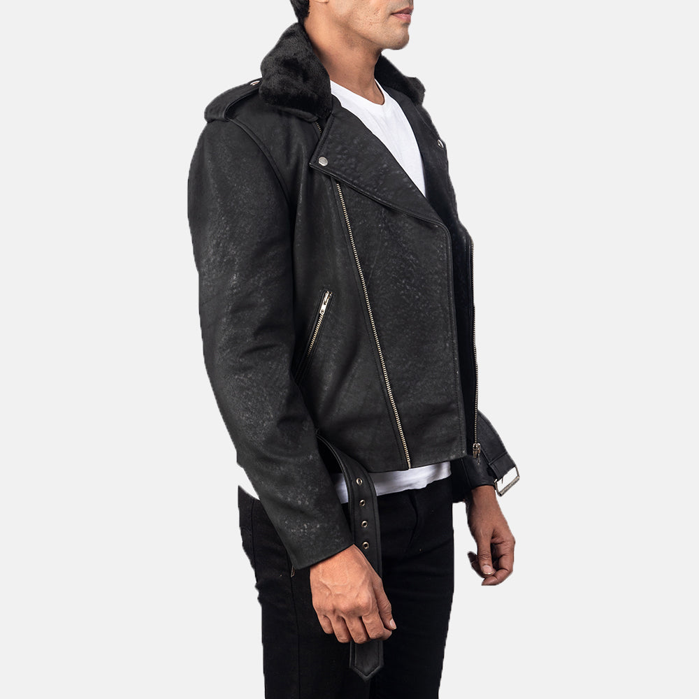 Furton Disressed Black Leather Biker Jacket - men's jacket in black sheepskin leather, view 2
