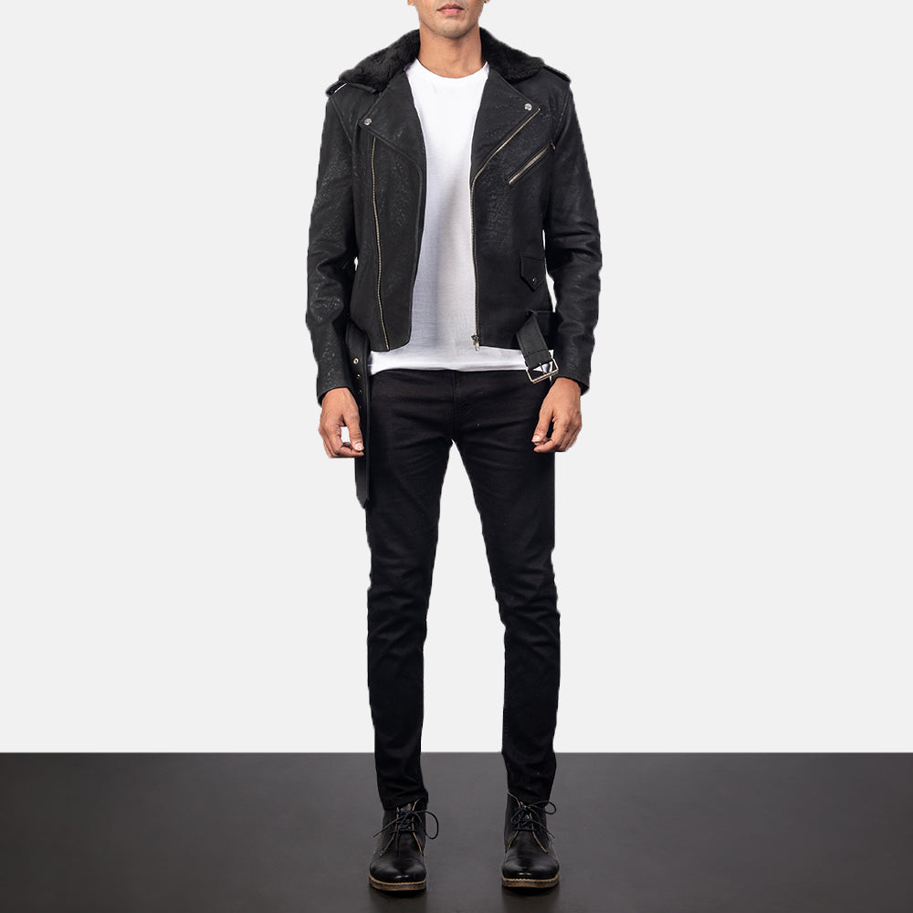 Furton Disressed Black Leather Biker Jacket - men's jacket in black sheepskin leather, view 3
