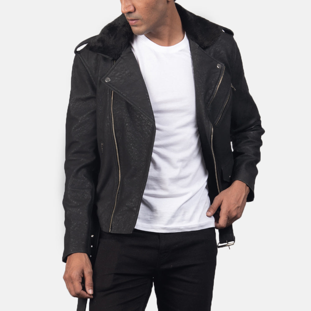 Furton Disressed Black Leather Biker Jacket - men's jacket in black sheepskin leather, view 4