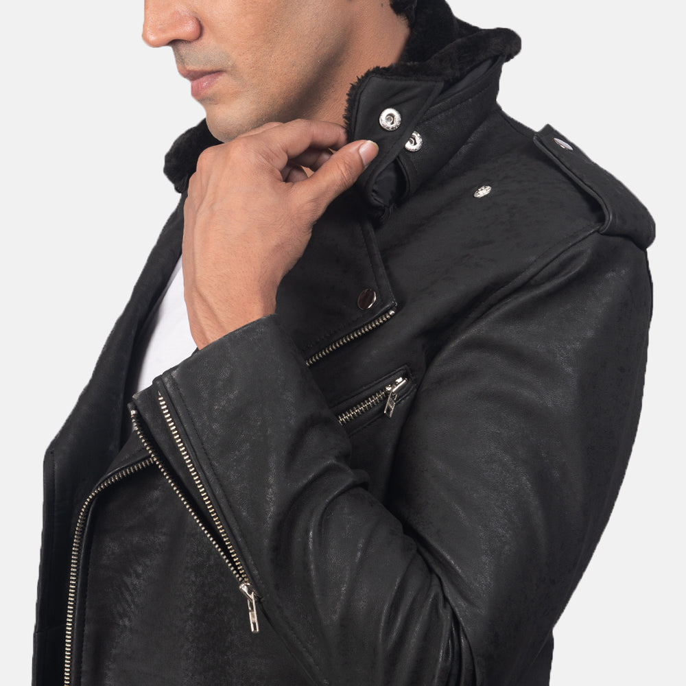 Furton Disressed Black Leather Biker Jacket - men's jacket in black sheepskin leather, view 5