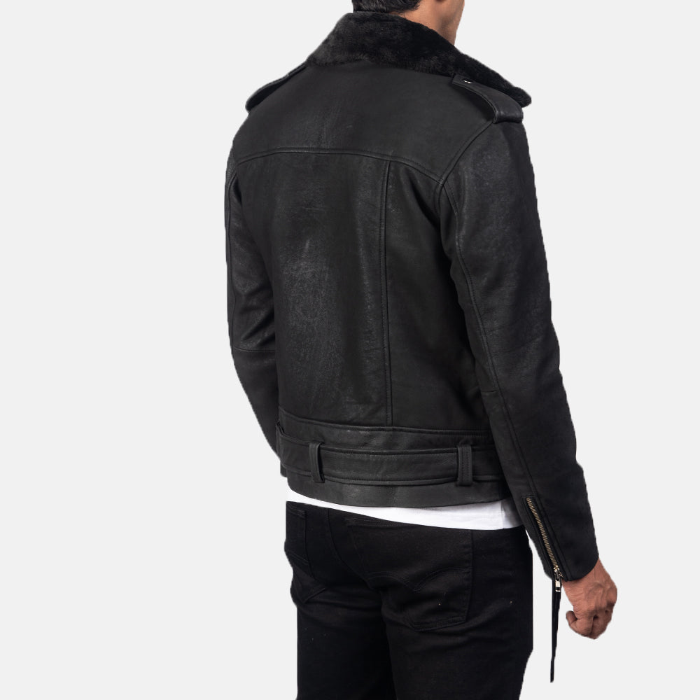Furton Disressed Black Leather Biker Jacket - men's jacket in black sheepskin leather, view 6