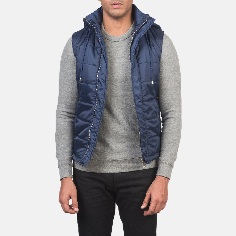 Fuston Blue Hooded Puffer Vest - men's vest in blue nylon-polyester fabric, view 1