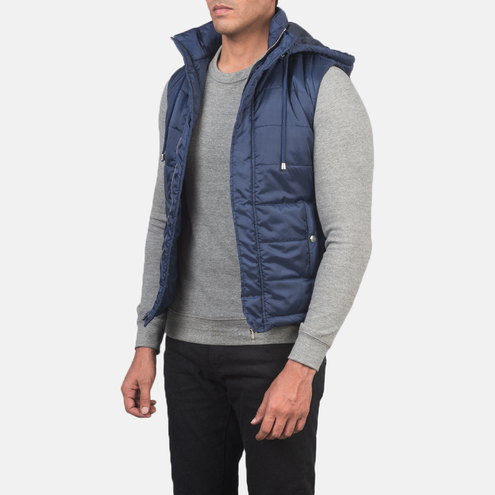 Fuston Blue Hooded Puffer Vest - men's vest in blue nylon-polyester fabric, view 2