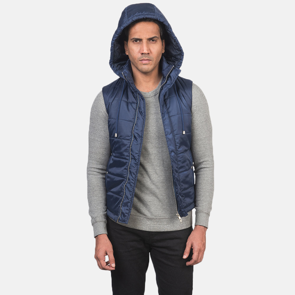 Fuston Blue Hooded Puffer Vest - men's vest in blue nylon-polyester fabric, view 4