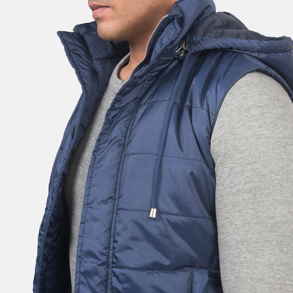 Fuston Blue Hooded Puffer Vest - men's vest in blue nylon-polyester fabric, view 6