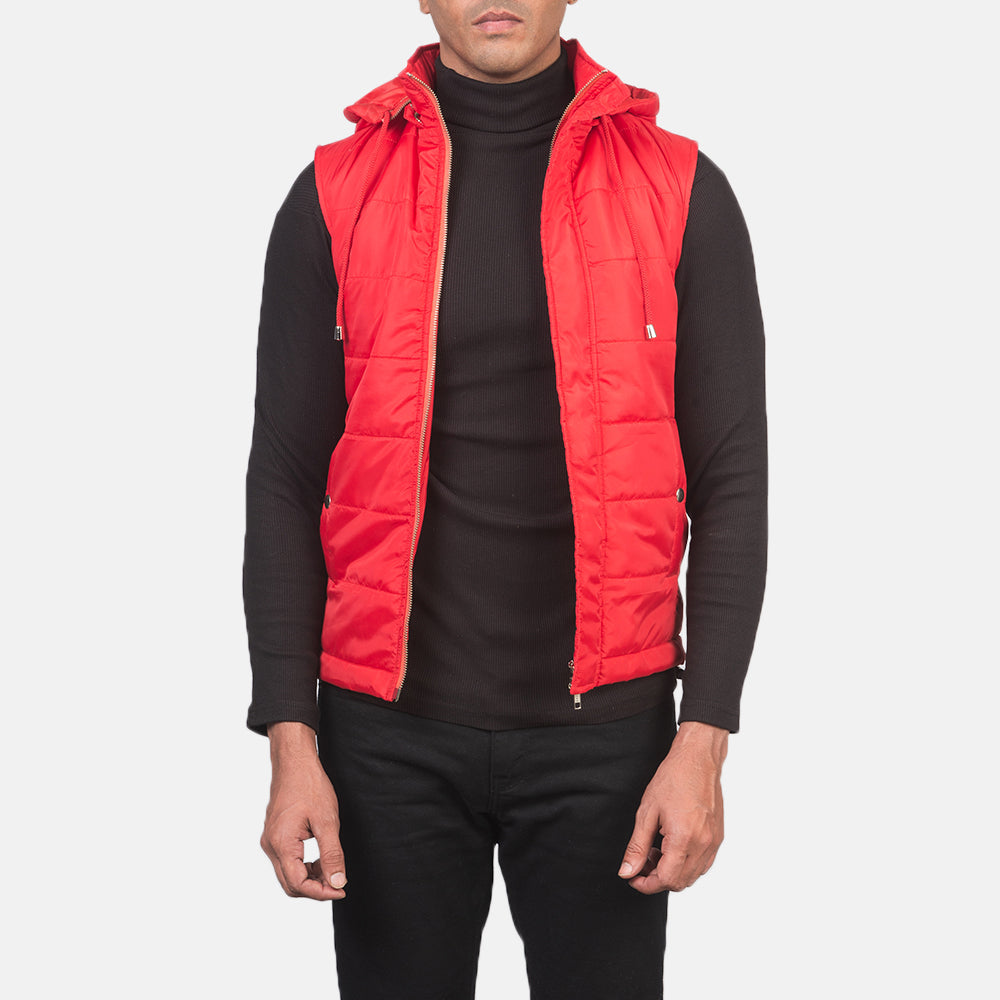 Fuston Red Hooded Puffer Vest - men's vest in red nylon-polyester fabric, view 1