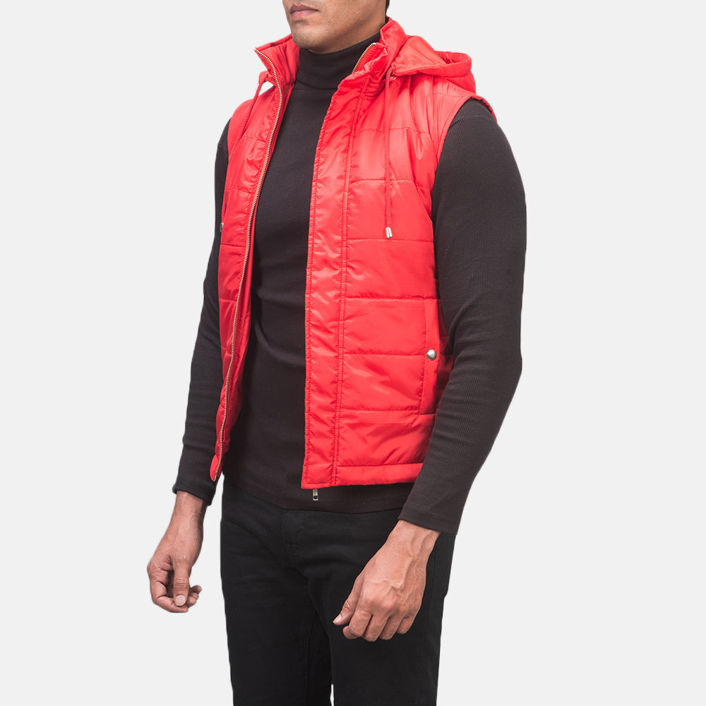 Fuston Red Hooded Puffer Vest - men's vest in red nylon-polyester fabric, view 2