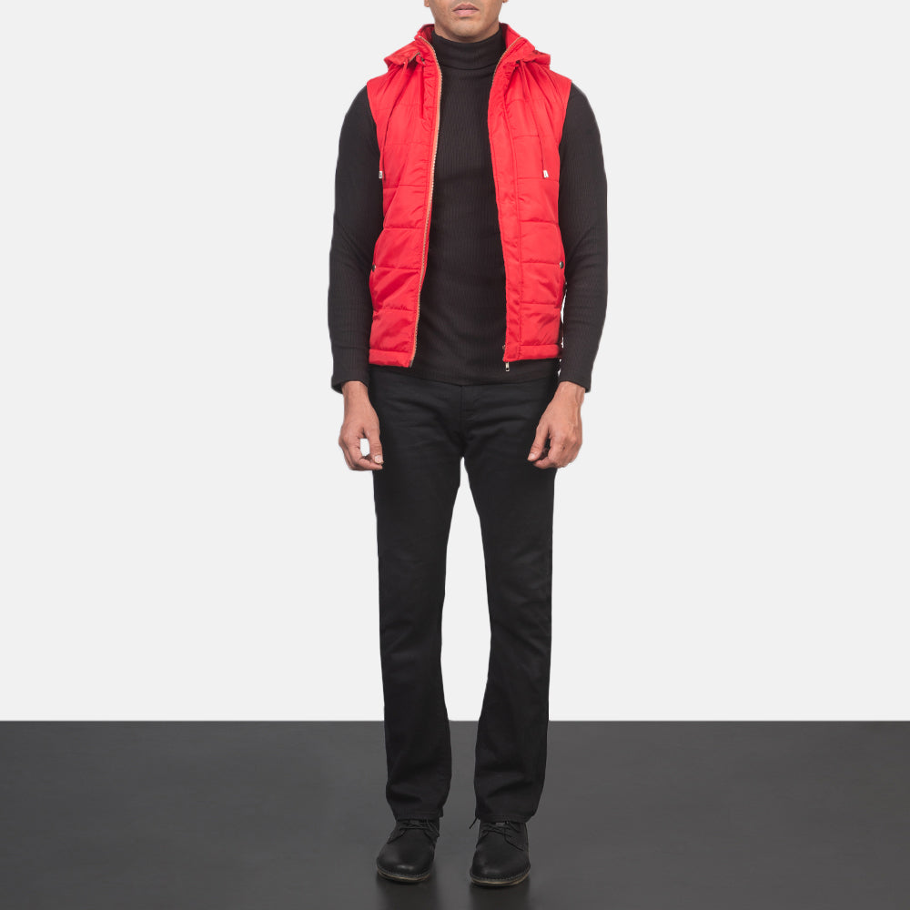 Fuston Red Hooded Puffer Vest - men's vest in red nylon-polyester fabric, view 3