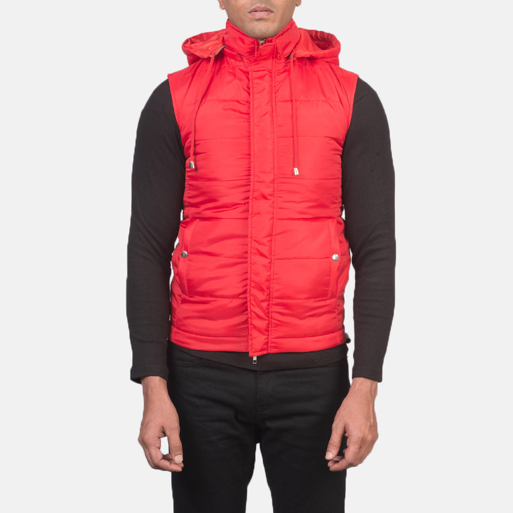 Fuston Red Hooded Puffer Vest - men's vest in red nylon-polyester fabric, view 4