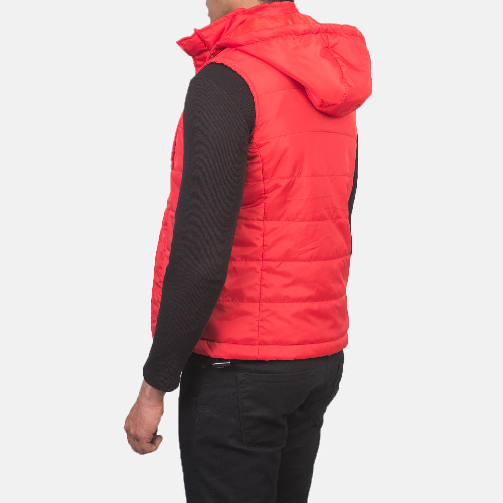 Fuston Red Hooded Puffer Vest - men's vest in red nylon-polyester fabric, view 5