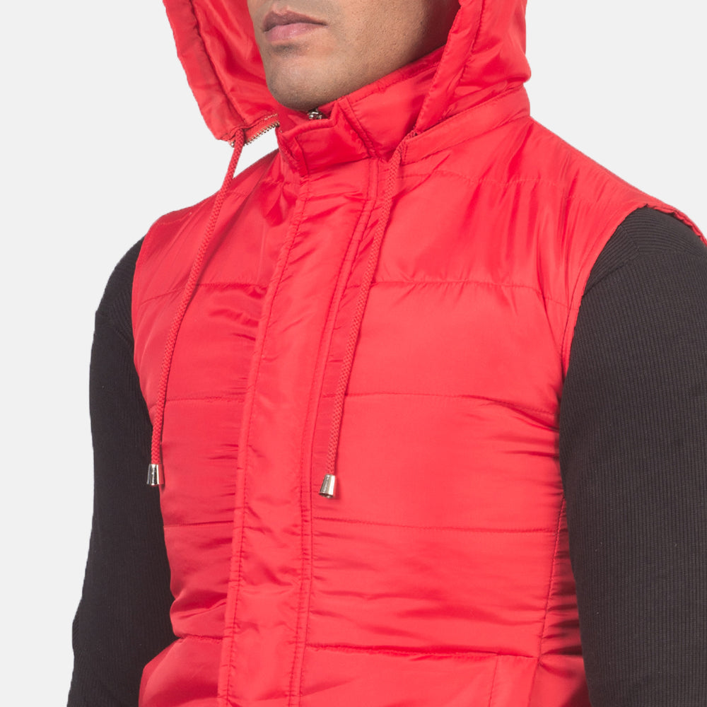 Fuston Red Hooded Puffer Vest - men's vest in red nylon-polyester fabric, view 6