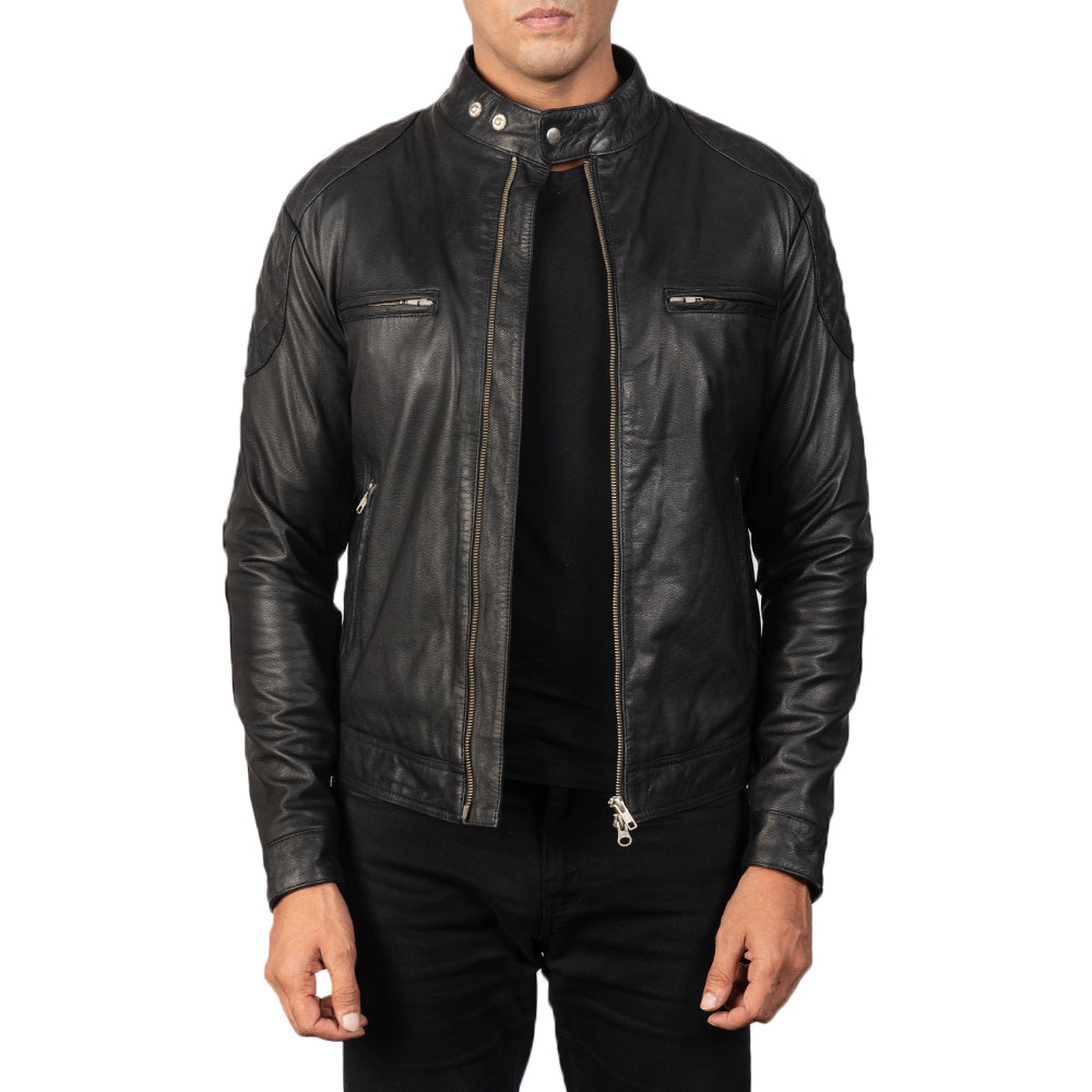 Gatsby Black Leather Biker Jacket - men's jacket in black goatskin leather, view 1