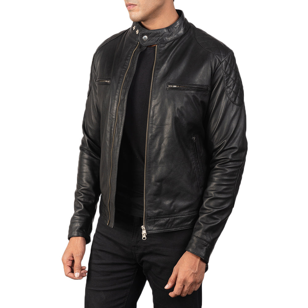 Gatsby Black Leather Biker Jacket - men's jacket in black goatskin leather, view 2
