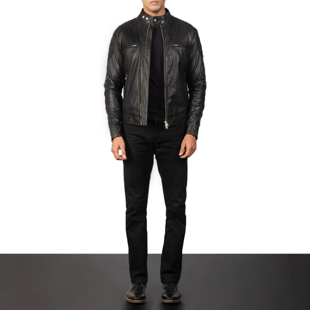 Gatsby Black Leather Biker Jacket - men's jacket in black goatskin leather, view 3
